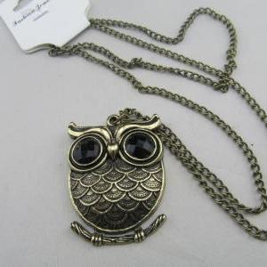 Owl Necklace, Metal Necklace, Rhinestone Necklace,..