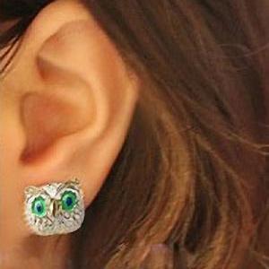 Owl Ear Stud, Owl Green Eyes Jewelry, Cute Owl Ear..